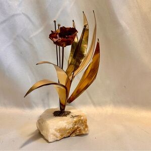 Mid-Century Copper and Brass Flower Sculpture on Stone Base